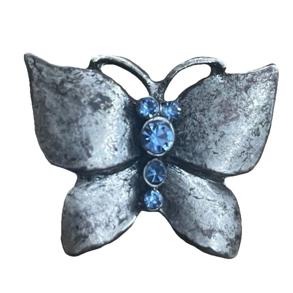 VTG Butterfly Pendant Blue Rhinestone Antiqued Silver Tone Y2K Cottagecore Boho